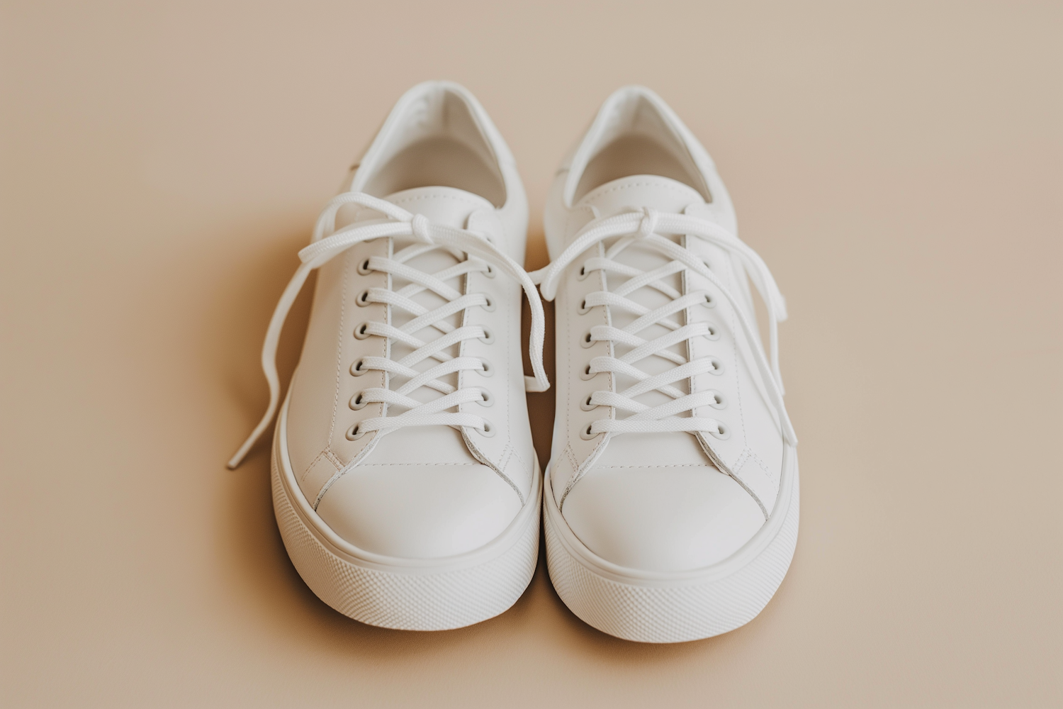 Weiße Sneaker auf beigem Hintergrund