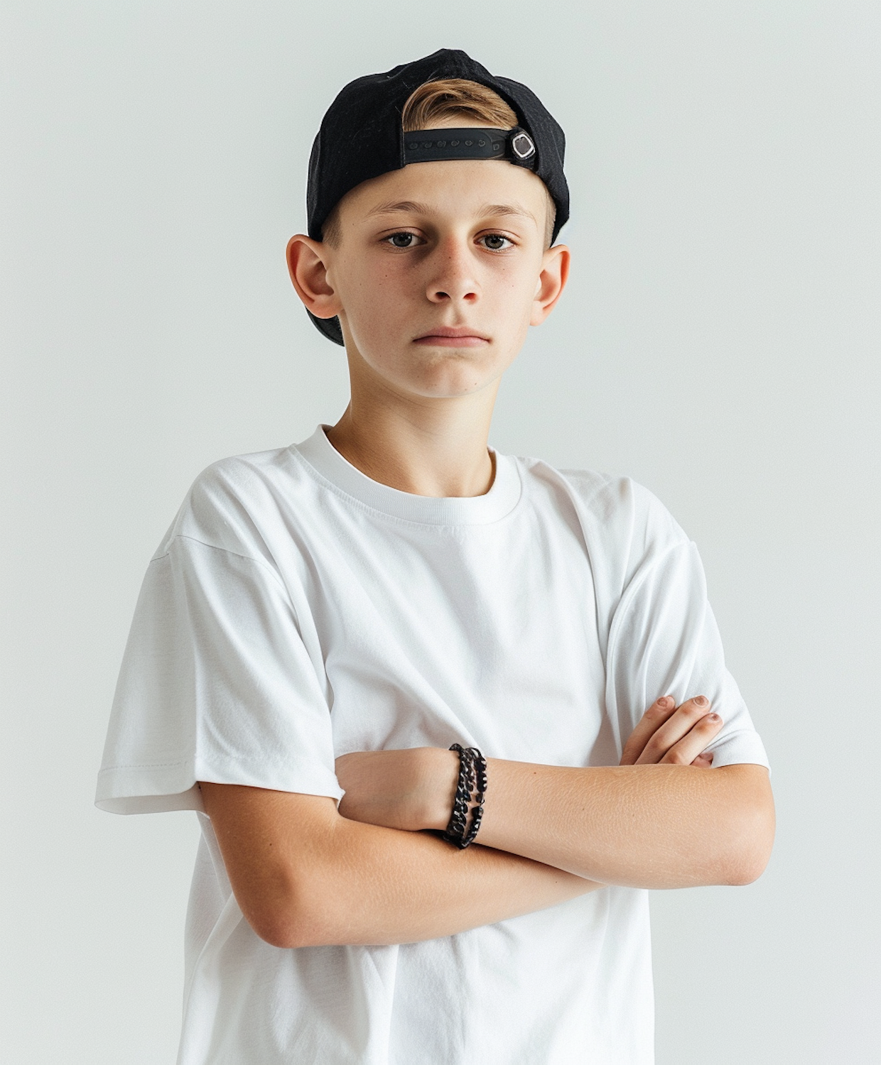 Person in weißem T-Shirt und schwarzer Cap